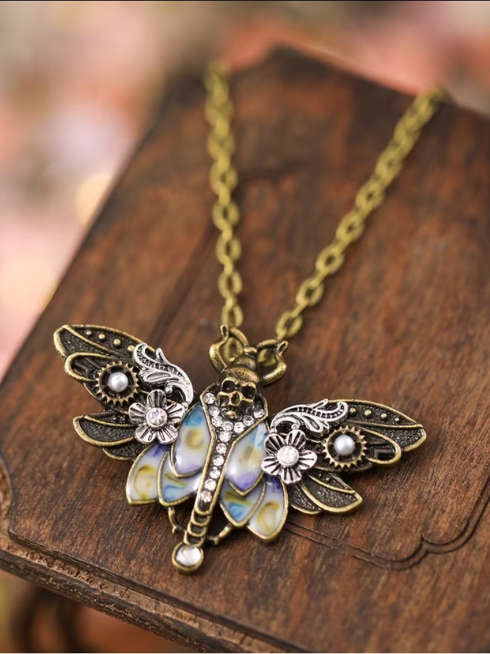 Steampunk antique gold tone moth resin, pearl, zircon embellished necklace NEW